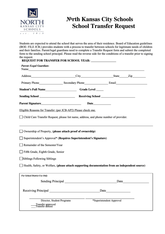 Fillable Form 07153 - North Kansas City Schools School Transfer Request Form Printable pdf