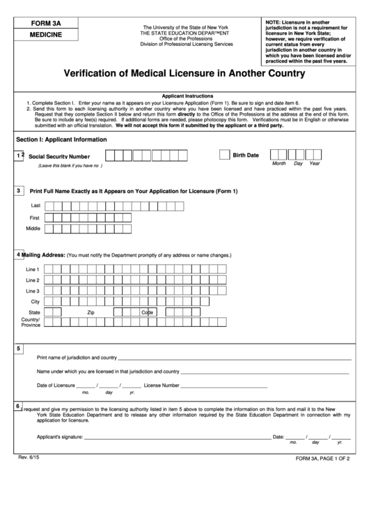 Form 3a Verification Of Medical Licensure In Another Country Printable pdf