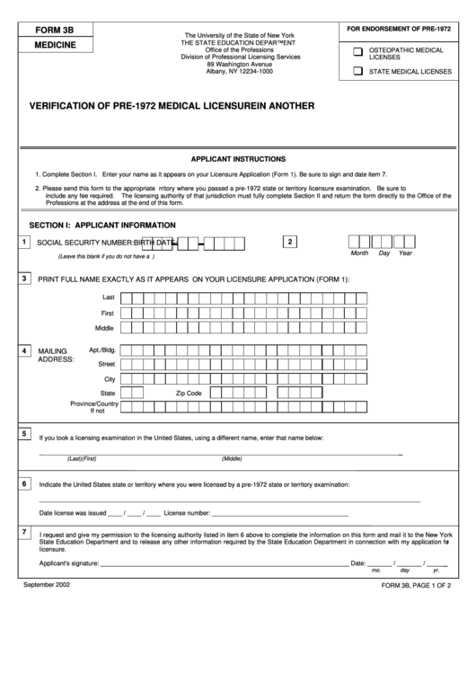 Form 3b - Verification Of Pre-1972 Medical Licensure In Another U.s. State Or Territory Printable pdf
