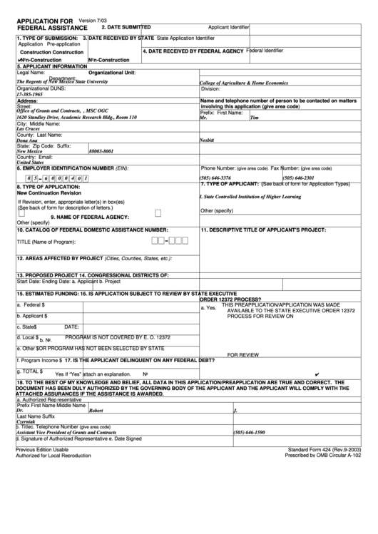 Fillable Standard Form 424 - Application For Federal Assistance Printable pdf