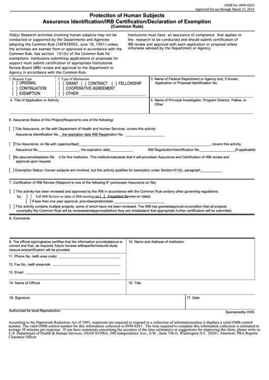 Protection Of Human Subjects Assurance Identification/irb Certification/declaration Of Exemption Form