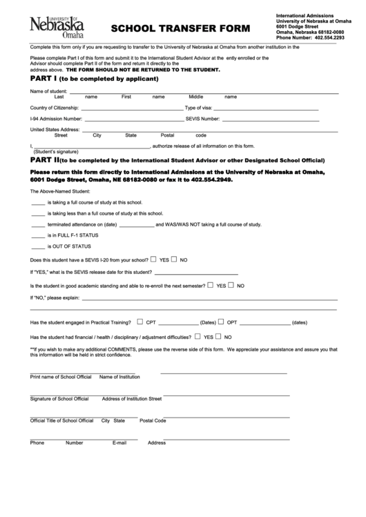 University Of Nebraska At Omaha School Transfer Form Printable pdf