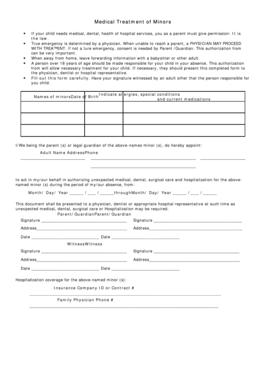 Medical Treatment Of Minors Form Printable pdf