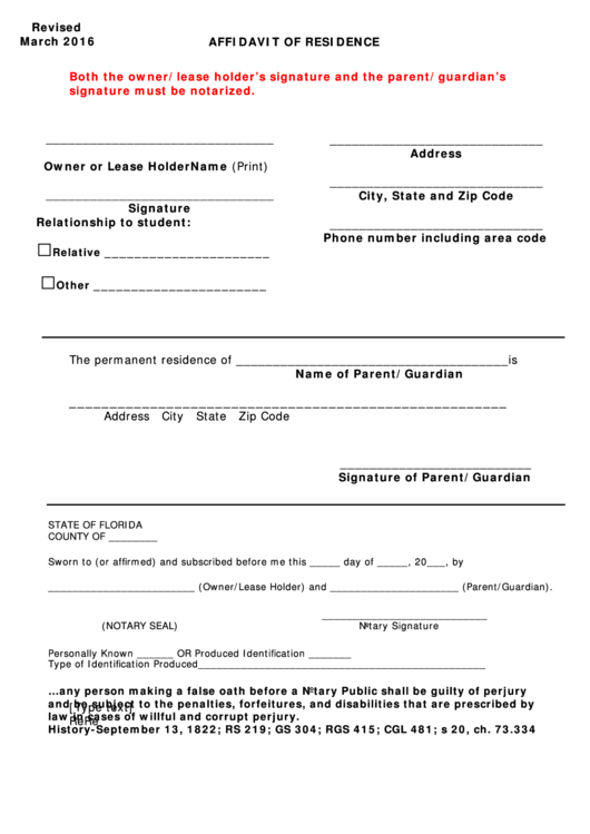Affidavit Of Residence Form