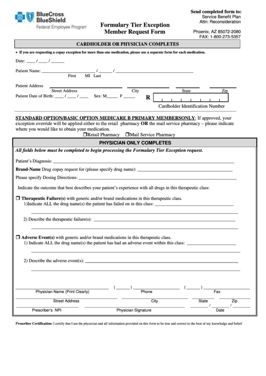 Formulary Tier Exception Member Request Form - Service Benefit Plan Printable pdf