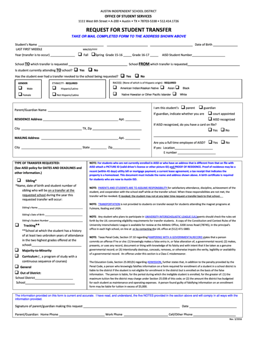 Request For Student Transfer Form - Austin Independent School District Printable pdf