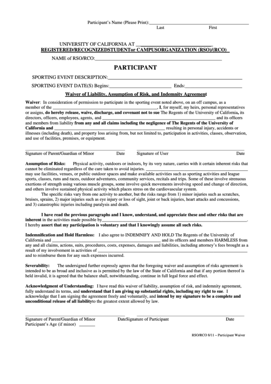Fillable Waiver Of Liability, Assumption Of Risk, And Indemnity Agreement Form Printable pdf