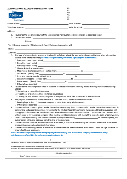 Authorization: Release Of Information Form Printable pdf