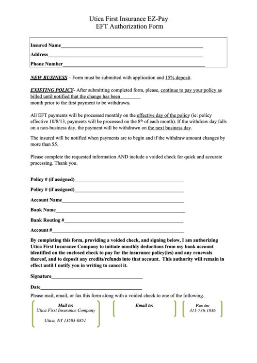 Utica First Insurance Ez-Pay Eft Authorization Form Printable pdf