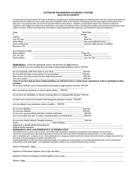 Health Statement Form Printable pdf
