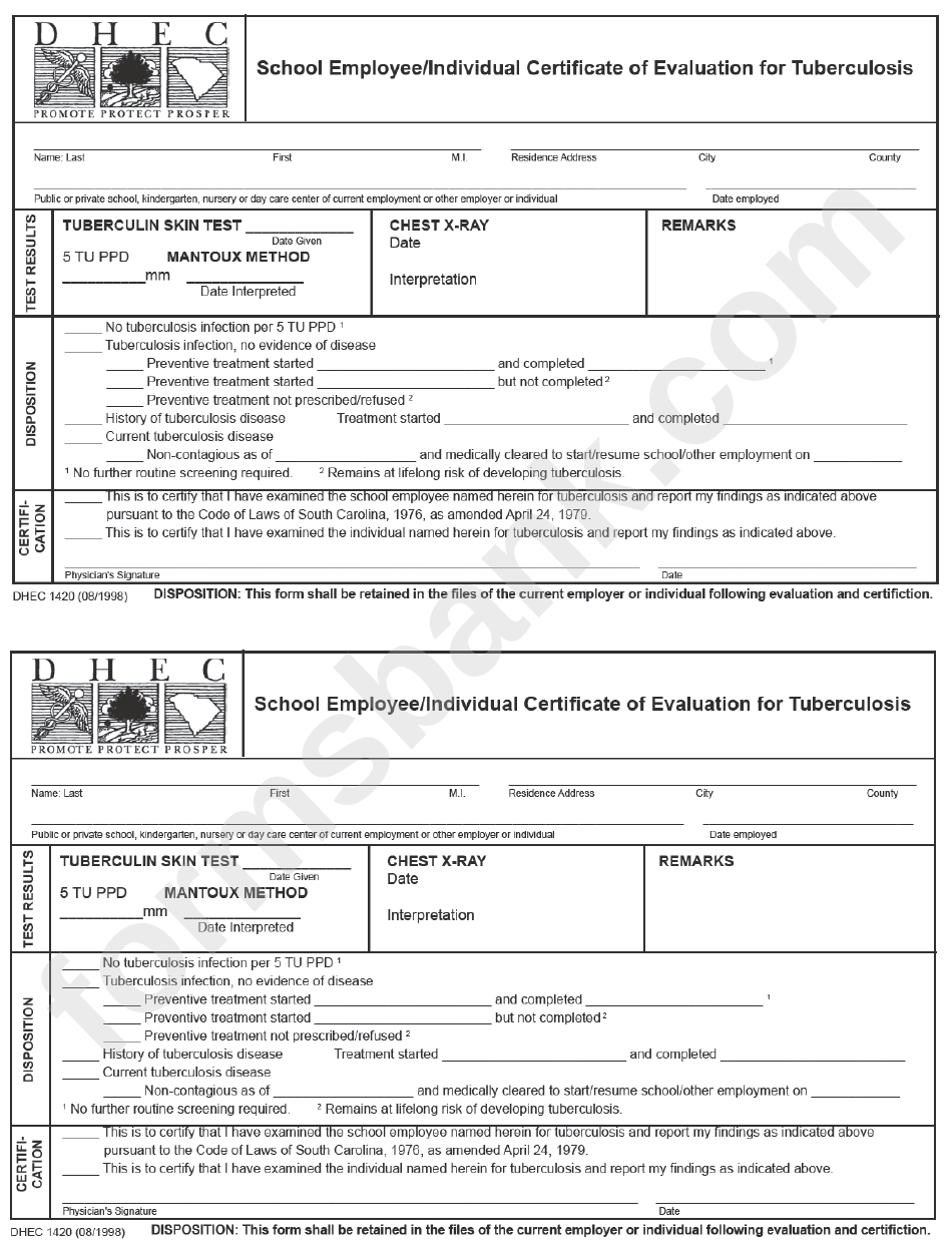 School Employee/individual Certificate Of Evaluation For Tuberculosis Form