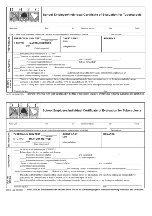 School Employee/individual Certificate Of Evaluation For Tuberculosis Form Printable pdf