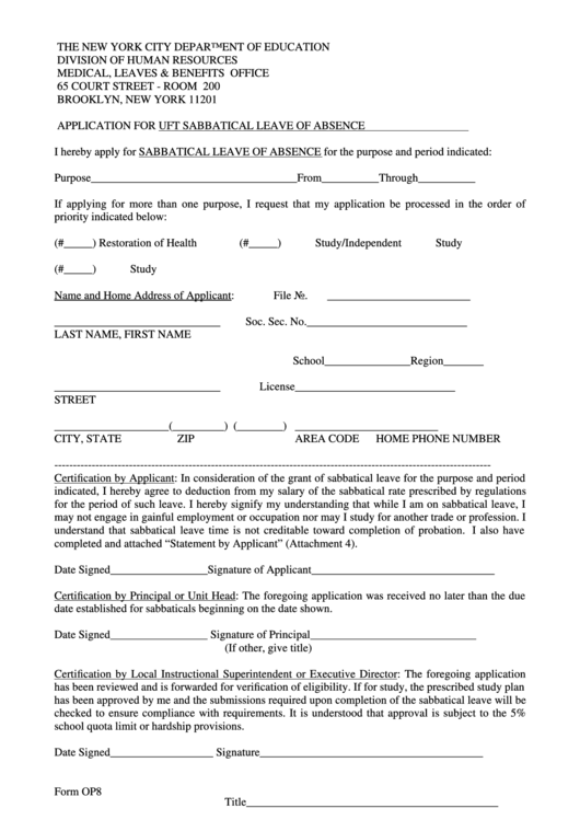 Application For Uft Sabbatical Leave Absence Form - The New York City Department Of Education Printable pdf