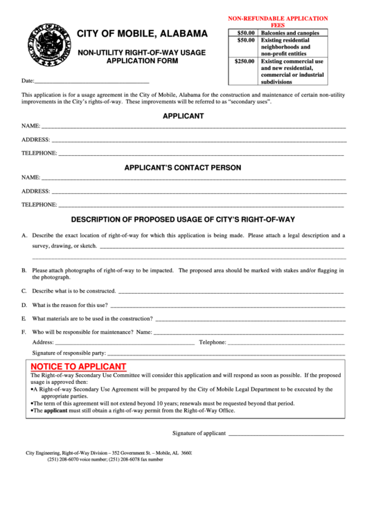 Non-Utility Right-Of-Way Usage Application Form - City Of Mobile, Alabama Printable pdf