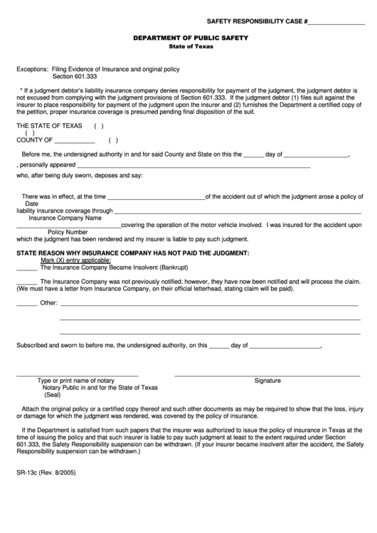 Form Sr-13c - Safety Responsibility Case - Texas Department Of Public Safety Printable pdf