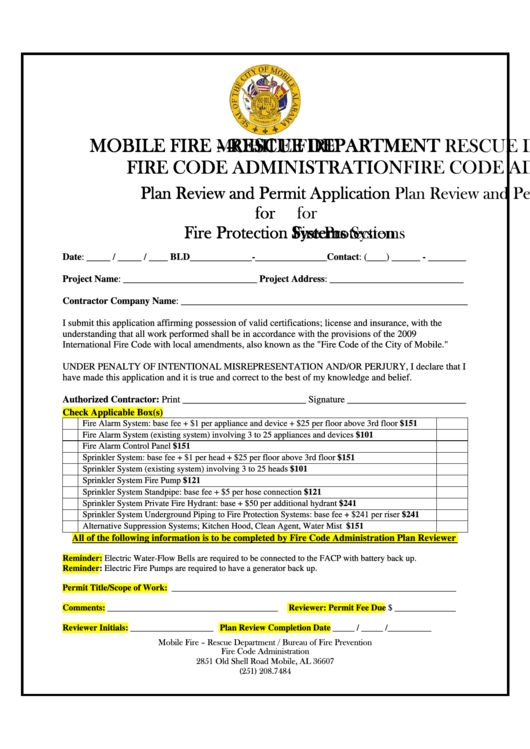 Plan Review And Permit Application For Fire Protection Systems Form - Rescue Department Printable pdf
