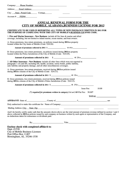 Annual Renewal Form For The City Of Mobile, Alabama,business License For 2012 Printable pdf
