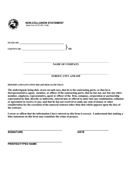 Form 47157 - Non-Collusion Statement - Indiana Printable pdf