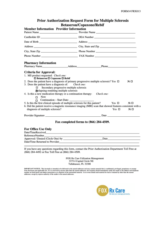 Form Frx013 - Prior Authorization Request Form For Multiple Sclerosis Betaseron/copaxone/rebif Printable pdf