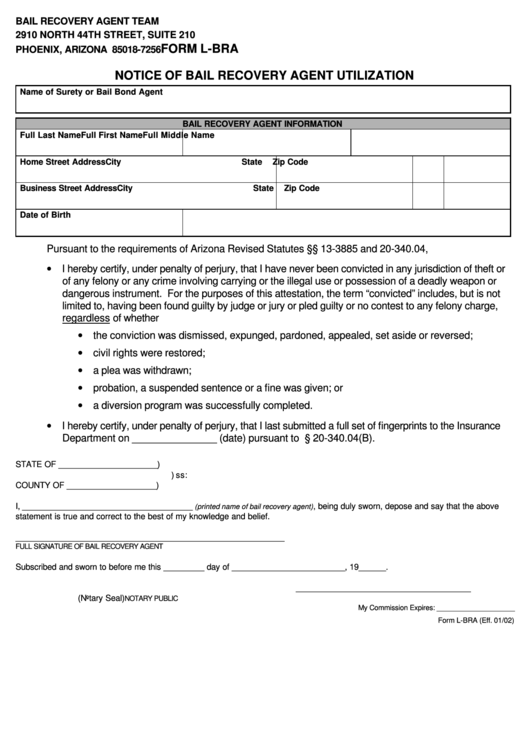 Form L-Bra - Notice Of Bail Recovery Agent Utilization Printable pdf