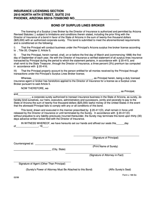 Form L-196 - Bond Of Surplus Lines Broker - Insurance Licensing Section Printable pdf