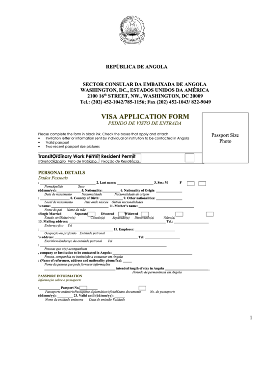 Fillable Angola Visa Application Form - Sector Consular Da Embaixada De Angola Printable pdf