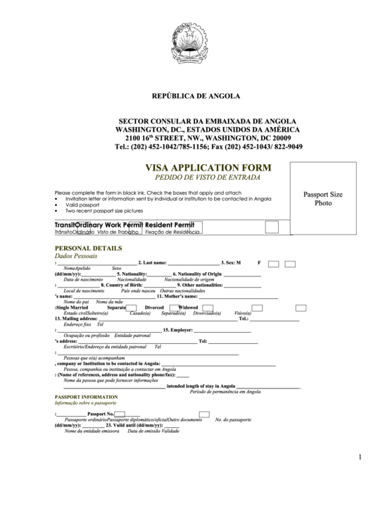 Fillable Angola Visa Application Form Sector Consular Da Embaixada De Angola Printable Pdf