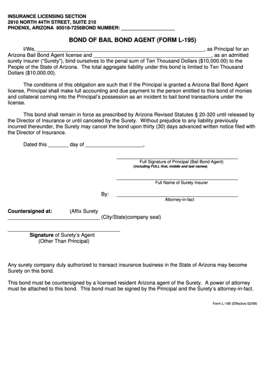 Form L-195 - Bond Of Bail Bond Agent Printable pdf