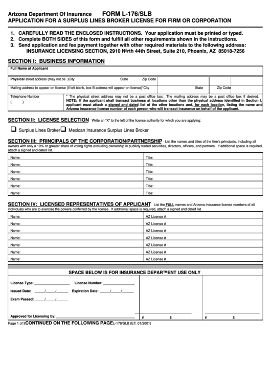 Form L-176/slb - Application For A Surplus Lines Broker License For Firm Or Corporation Printable pdf