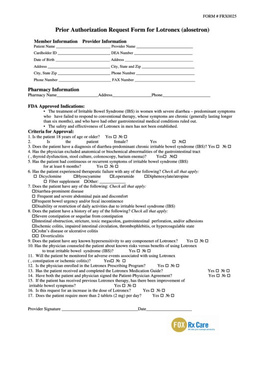Form Frx0025 - Prior Authorization Request Form For Lotronex (Alosetron) Printable pdf