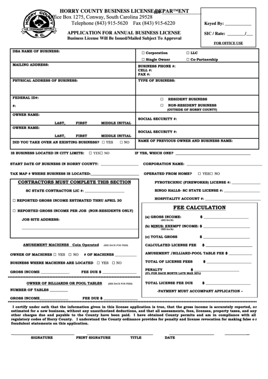 Application For Annual Business License Form - Hobby County Business License Department Printable pdf