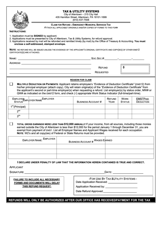 Claim For Refund Form - Emergency Municipal Services Tax - Allentown Printable pdf
