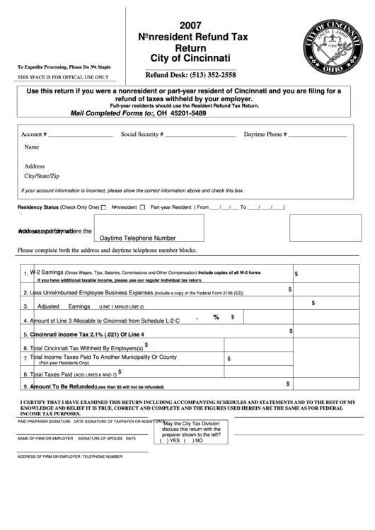 2007 Nonresident Refund Tax Return - City Of Cincinnati Printable pdf