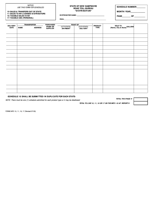 Form Mfd For Schedules 10, 11, 16, 17 - Distribution - Nh Road Toll Bureau - 2005 Printable pdf