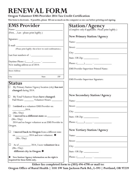 Fillable Renewal Form Oregon Volunteer Ems Provider Tax Credit Certification - 2014 Printable pdf