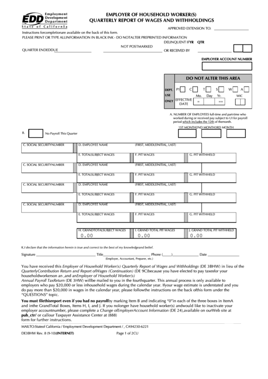 Fillable Form De 3bhw - Employer Of Household Worker(S) Quarterly Report Of Wages And Withholdings Printable pdf
