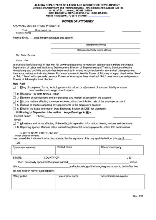 Power Of Attorney Form - Alaska Department Of Labor And Workforce Development Printable pdf
