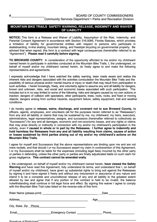 Mountain Bike Trails Safety Warning, Release, Indemnity And Waiver Of Liability Form Printable pdf