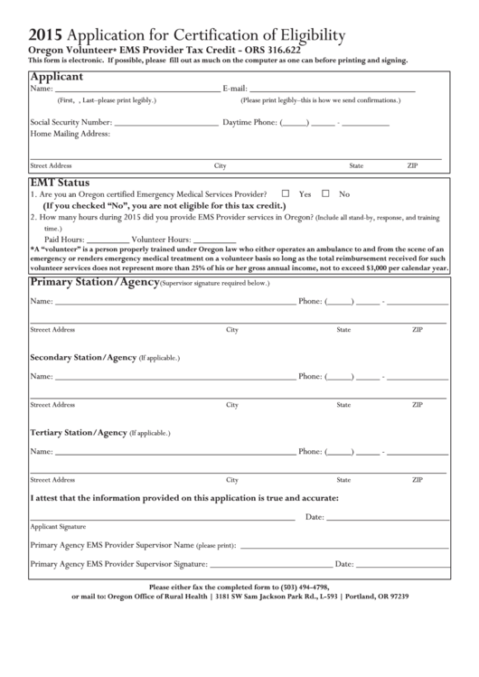 Fillable 2015 Application For Certification Of Eligibility Oregon Volunteer Ems Provider Tax Credit Form Printable pdf