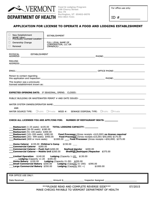 Application For License To Operate A Food And Lodging Establishment Form Printable pdf