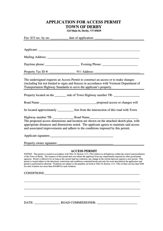 Application For Access Permit Form - Town Of Derby Printable pdf