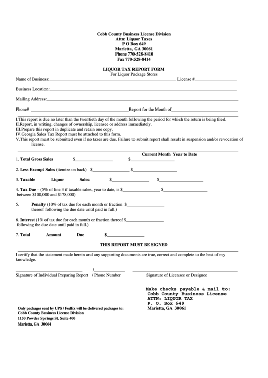 Liquor Tax Report Form - Cobb County Business License Division Printable pdf