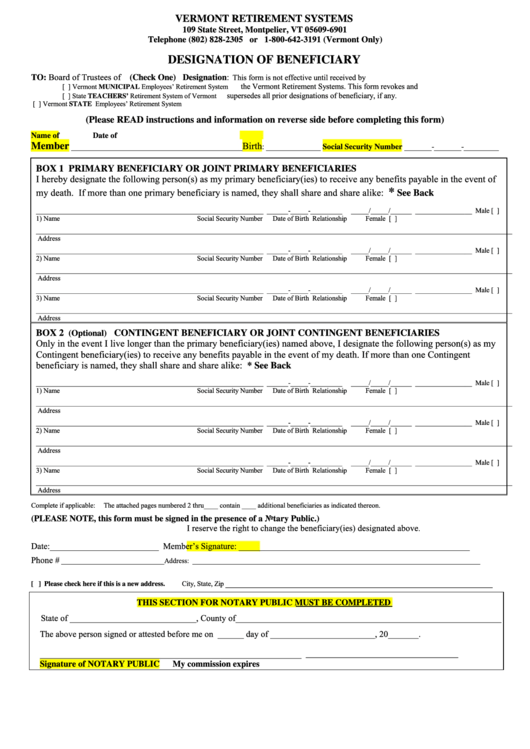 Designation Of Beneficiary Form - Vermont Retirement Systems Printable pdf