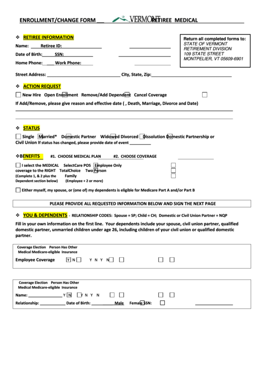 Enrollment/change Form - Vermont Retirement Division Printable pdf