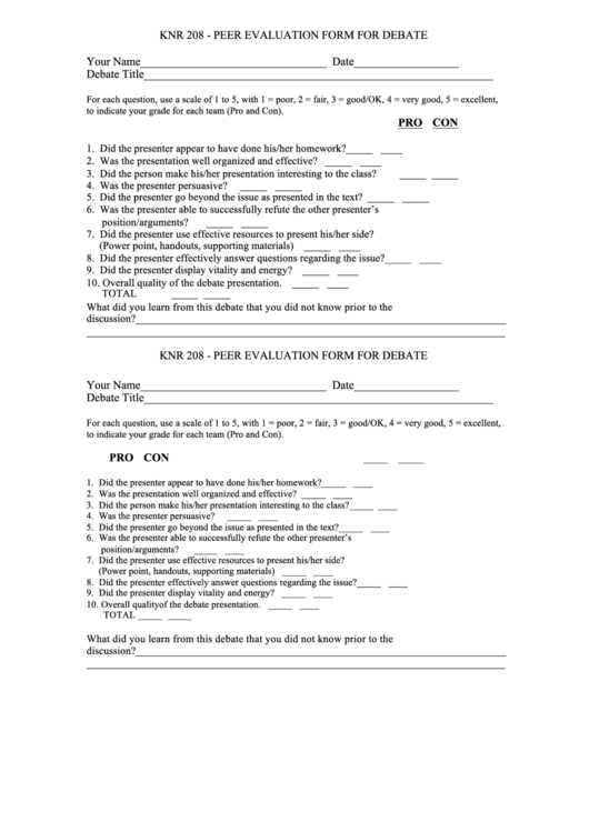 Knr 208 - Peer Evaluation Form Printable pdf