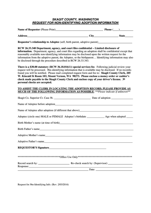 Fillable Request For Non-Identifying Adoption Information Form - Skagit County, Washington Printable pdf