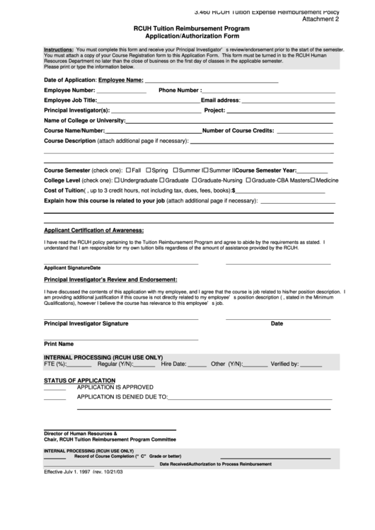 Fillable Tuition Reimbursement Program Application/authorization Form Printable pdf