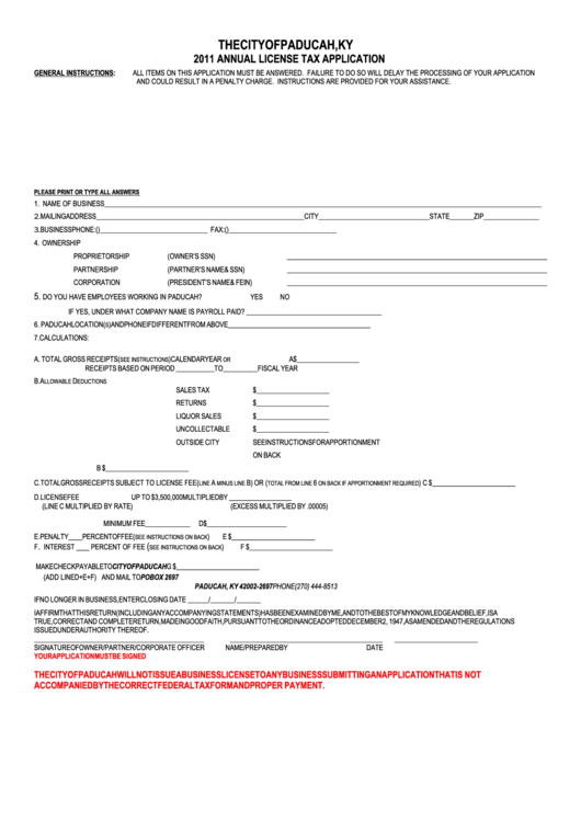 Annual License Tax Application - City Of Paducah, Ky - 2011 Printable pdf