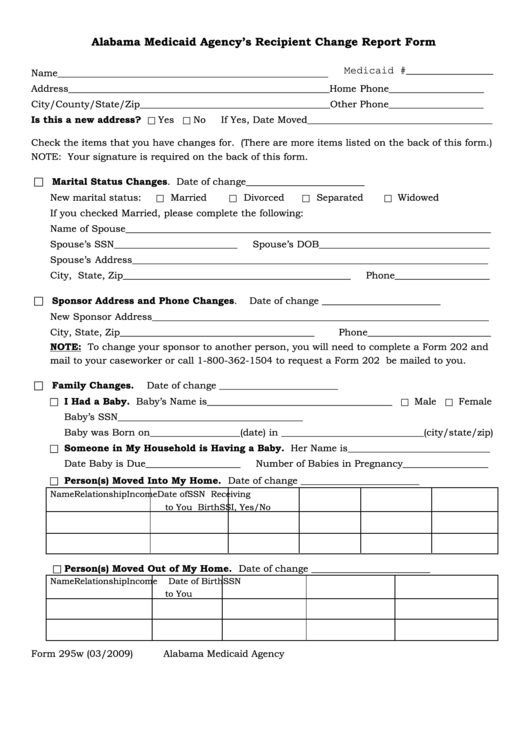 Form 295w - Alabama Medicaid Agency's Recipient Change Report Form