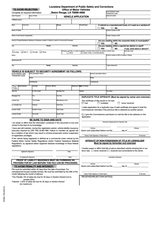 Fillable Vehicle Application Form Printable pdf